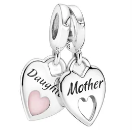 925 Sterling Silver Beads Charms Mother Daughter Double Heart Split Dangle Pendants Fit Original Bracelet DIY Women Jewelry308V