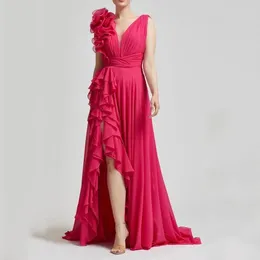 Elegantes, pinkfarbenes Festzug-Abendkleid 2024 mit V-Ausschnitt, ärmellos, Silt-Rüschen, Chiffon, Abschlussball, Party, formelle Kleider, Vestidos de Feast, Robe de Soiree, Casamento
