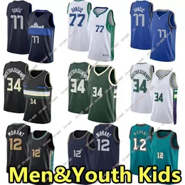 2022 JA 12モラントバスケットボールジャージMEMGIANNIS 34 ANTETOKOUNMPO 77 LUCADONCIC CITY 75th Anniversary Jersey Jersey Edition Seveless Tops Men Youth Kids