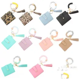 Party Favor Sile Bead Bracelet Leopard Card Bag Wood Beaded Pu Leather Tassel Keychain Portable Ladies Wallet With Snap Dhs Drop Del Dhcfr
