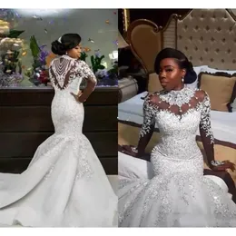 Stunningningbride 2024 Luxury Mermaid Gowns Wedding Dresses Sheer Lengeve High Neck Crystal Beads Chapel Train African Arabic Bridal Plusサイズカスタマイズ