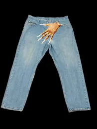 Брюки женские мужские Харуку хип-хоп графический принт мешковатые синие джинсы в стиле ретро новые готические широкие брюки с высокой талией