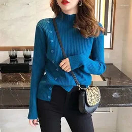 Kvinnors tröjor Half High Collar Basic Female Clothing Korean Solid Color Autumn Winter Stylish Button Asymmetriska stickade hoppare