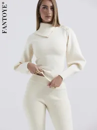 Fantoye Two Piece Set Women Sticked Set White Turn-Down Collar Button Sweater