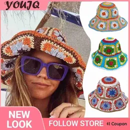 Wide Brim Hats Bucket Hats Colorful Raffia Crochet Bucket Hat Handmade Rainbow Straw Granny Square Flowers Summer Beach Sun Fisherman Hat Gorro Piel L231221