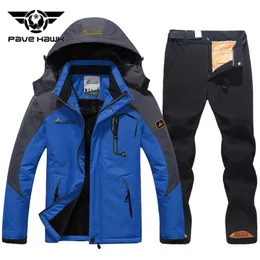 Inverno terno de esqui dos homens espessamento quente à prova dwindproof água à prova vento com capuz jaqueta calças lã ao ar livre montanha snowboard wear conjunto 231220