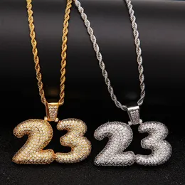 Collana con pendente personalizzato da uomo con lettera a bolle numero 23 Collana con pendente Hip Hop completamente ghiacciato Cubic Zirconia in oro CZ Stone2512