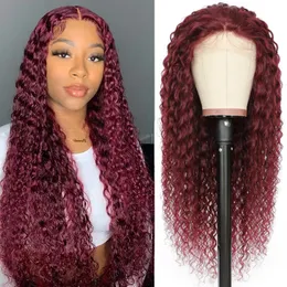 Malaysian gefärbt 99J 13x4 Spitzenfront Perücke Burgundy Color Kinky Curly Free Teil 130% 150% 180% Dichte 10-32 Zoll Yirubeauty