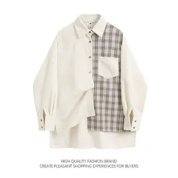 Vibe Patchwork ekose gömlek 2023 Bahar Sonbahar Büyük Boy Bluz Unisex Vintage Cep Birleştirilmiş Düzensiz Tiki Sokak Giyim 231221