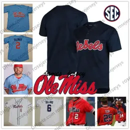 Jam Custom Ole Miss Rebels 2019 Baseball Any Number Name White Red Navy Blue #2 Ryan Olenek 13 Zack Cozart Men Youth Kid Jersey