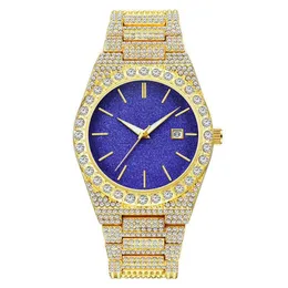 الذهب الكامل الأزرق الأزياء Men Hiphop Super Flash Water Diamond Trendy Calendar Watch Quartz