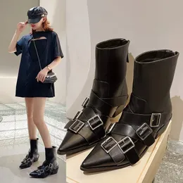 Women S Boots Leather Leather Heels chunky Cheels Goth Punk Designer Low Heel Chelsea Cowboy Rock Shoes Moccasin Fashion Black 231220