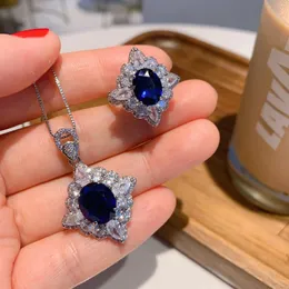 Necklace Earrings Set Engagement Anniversary Oval Shape Blue Sapphire Zircon Pendant Adjustable Ring Women Jewelry