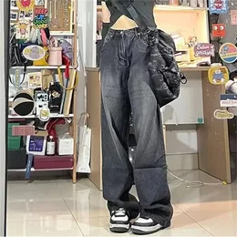 Women Vintage Streetwear Black Baggy Korean Jeans High Waiste Oversize Wide Leg Pants Grunge Denim Trousers Y2K Alt Clothes 231220