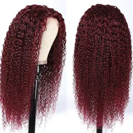 شعر البكر البكر البشري 99J kinky curly 13*4 Lace Front Wig Yiubeauty 130 ٪ 150 ٪ 180 ٪ burgundy جزء خالي من الكثافة