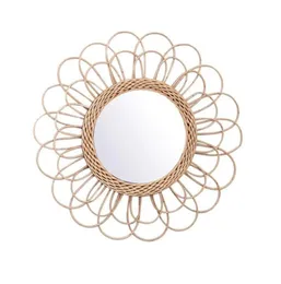 Espelhos pendurados espelho rattan circular decoração de parede boho vime vestir maquiagem livre decorativo2869693