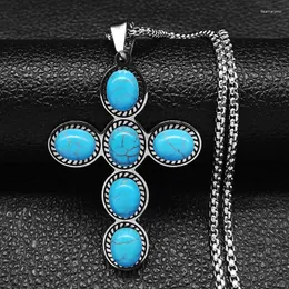 قلادة قلادة تصليب بوهو العرقية للنساء الحجر الأزرق من الفولاذ المقاوم للصدأ سترة سلسلة قلادة هدايا المجوهرات