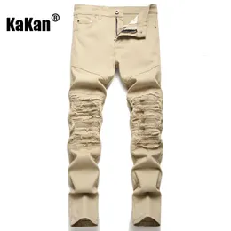 Kakan Slim Straight Tube Khaki 기관차 찢어진 청바지 유럽 및 미국 주름 K011 6610 231220