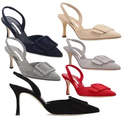 Berömda kvinnor MAYSLI SANDALS DESIGNERSKOR NAVY BLÅ SUED LADY SLINGBACK POSTED TOE PUMPS PUCKLE-DETAIL LADY Party Wedding Stiletto High Heels EU35-43 Box