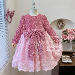 New Pink Rose Princess Flowers Girls Dresses For Wedding Long Sleeve Appliques Sequined Beads Ball Gown Kids Pageant Birthday Party Gowns First Holy Communion