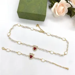 Elegante collar de perlas de diamantes de rubí pulsera de diseñador doble letra collares pendientes amor corazón pulsera de diamantes de imitación conjuntos de joyería 236v