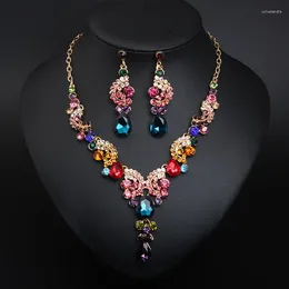 Halskette Ohrringe Set African Crystal Multicolors Blume Anhänger Drop Frauen Braut Strass Schmuck Statement Choker Hochzeit