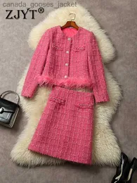 Two Piece Dress ZJYT Elegant Pink Party Tweed Jacket and Skirt Set Two Piece Womens Outfit Autumn Winter Office Lady Mini Dress Sets Fe L231221