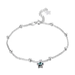 100 ٪ 925 Sterling Silver Sparklet Star Anklets مع مجوهرات الأزياء الكريستالية الزرقاء لصنع للنساء هدايا SVA602150F