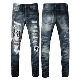 Tasarımcı Kot Amirs Hole Jeans için Erkek Sıska Motosiklet Amirs Kot Patlamalı Yırtık Delik Tüm Yuvarlak Yıldız Harfleri Slim Legged