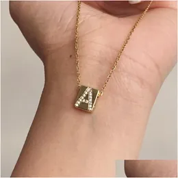 Pendant Necklaces Simple Copper Zircon Name Initial Letter Square Necklace For Women Gold Color Cz Alphabet Charm Steel Thin Chain D Dht2M