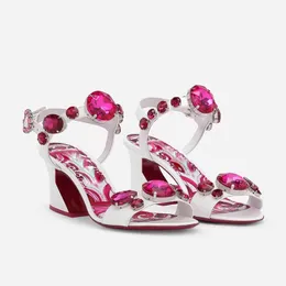 2024 women Ladies Genuine patent sandals dress shoes 6CM chuckly high heels peep-toe wedding party sexy print buckle Strap diamond Bohemia colourful pink siz 35-43 3D