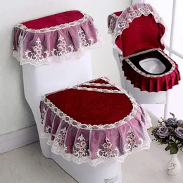 Tecido bordado de borda de borda renda de laço Mate 3 peça Autumn Winter Velvet Tampa do banheiro em forma de zíper em forma de vaso sanitário de banheiro