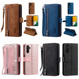 サムスンS24の多機能レザーウォレットケースプラスウルトラA05 A05S A15 A35 A55 Xiaomi 14 Pro 13 Zipper Bling Sparkle Holder Flip Cover 9cards Slot Pouch