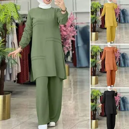 Ethnische Kleidung Muslimische Sätze elegantes Temperament Abayas für Frauen Feste Farbe langärmelig