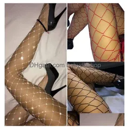 Fashion Sexy Women Crystal Stockings Rhinestone Fishnet Net Hollow Out Mesh Stocking Stretch Over Knee High Tights Socks Drop Delive Dhyy6