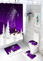 Snow Scene 3D Print Purple Background Background Set Surtain Surtain Merry Christmas Floor Rugs Cartoon Bath Sets 4Pieces Stertains1952835