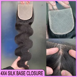 Cor natural de cor natural Human Human Body Wave 4x4 Base de seda de seda Extensão de cabelo barato indiano malaio brasileiro