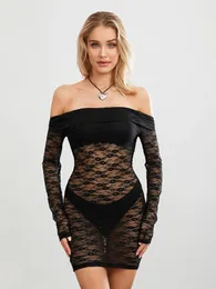 Casual jurken Off-shoulder kanten jurk Damesmode Lange mouw Doorzichtige bodycon Mini voor feestcocktail Effen zwarte club