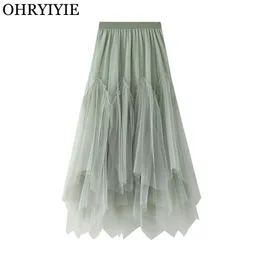 Capris ohryiyie feminino irregular longo tule saias senhoras cintura alta tornozelo comprimento tutu maxi saias bege verde feminino faldas jupe femme