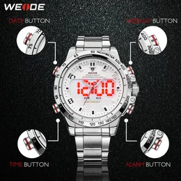 Cwp 2021 weide relógio masculino esporte luz traseira display led alarme analógico data automática militar do exército pulseira de aço inoxidável quartzo relogio ma270l