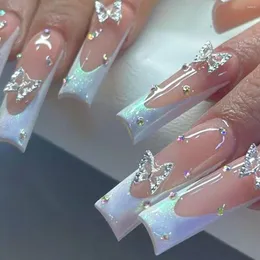 False Nails 24pcs 핑크 활 디자인 Long Ballet Press on Pearl Wearable Coffin 가짜 프렌치 스퀘어 손가락