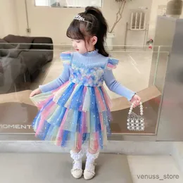 فساتين الفتاة Girls Rainbow Tulle Tulle Dress Sweet Long Sleeve Princess Dresses لعيد ميلاد الأطفال