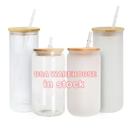 USA/Can Warehouse Hot Stocked 16oz Clear Frosted Water Bottle Blank SubliMation Beer Can Shaped Soda Glass Juice Mugs Tumblers med Bamboo Lid 1221
