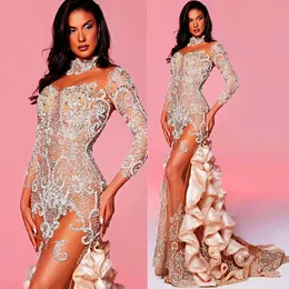 2024 Aso Ebi Gold Mermaid Prom Dress See Through Crystals Evening Formal Party Second Reception Birthday Engagement Gowns Dresses Robe De Soiree ZJ379