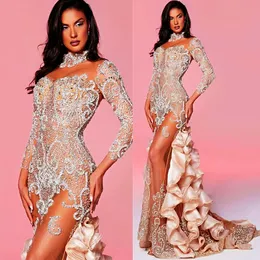 2024 ASO EBI Gold Mermaid Prom Dress Veja através de Cristais Evening Party formal