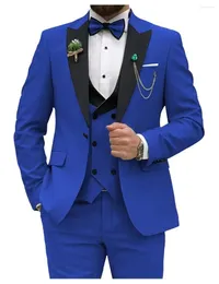 Мужские костюмы королевского синего цвета, мужские облегающие костюмы из 3 предметов, двубортный костюм для свадьбы, выпускного вечера, делового костюма (пиджак, жилет и брюки)