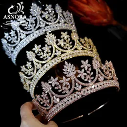 ASNORA Accessori per capelli di lussuoso per matrimoni di lussuoso Accessori rosa in oro rosa e corone dorate Tiara da sposa e corone per donne CZ Crown Bridal Bash X0187G