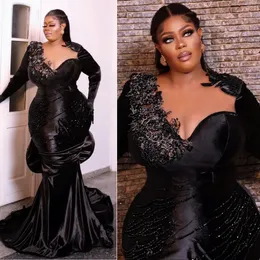 Veet African Arabic Plus Size Aso Ebi Prom Dresses Mermaid Long Sleeves Evening Formal Dress for Black Women Lace Beaded Birthday Party Gala Gowns ST671