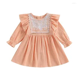 Vestidos de menina Pudcoco Toddler Vestido de bebê de manga longa Flor de bordado de bordado de pescoço A-line para diário casual 6m-4t