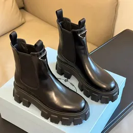 Botas de tornozelo de couro polido Chelsea Full Grain Plataforma de couro elasticidade slip-on dedo do pé redondo Mulheres sapatos ao ar livre designer de luxo Botas planas calçados de fábrica